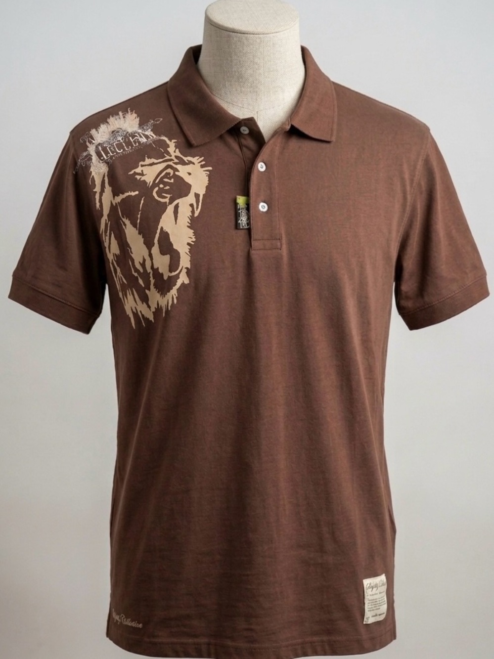Vintage Collective Brown Graphic Polo Shirt 2XL Retro 90s Cotton with Lion